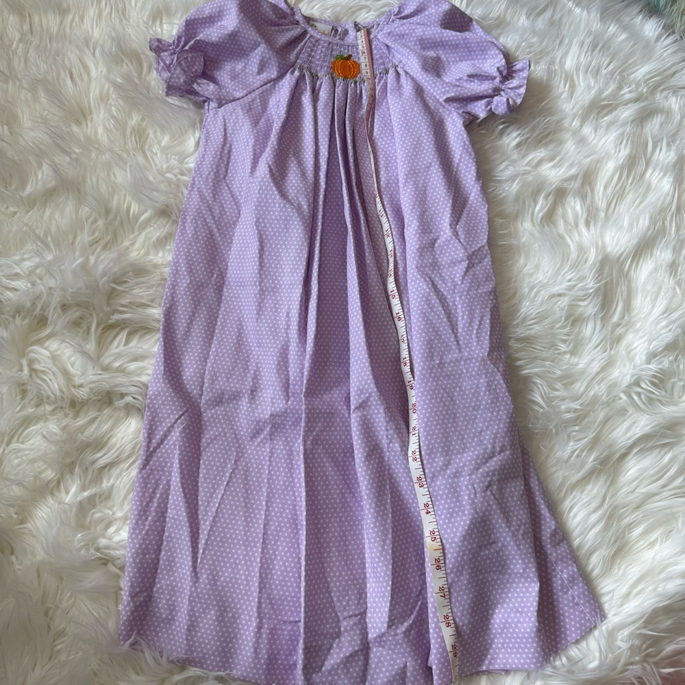 Smocked giraffe - fall/pumpkin dress - purple/white polka dot - size 5